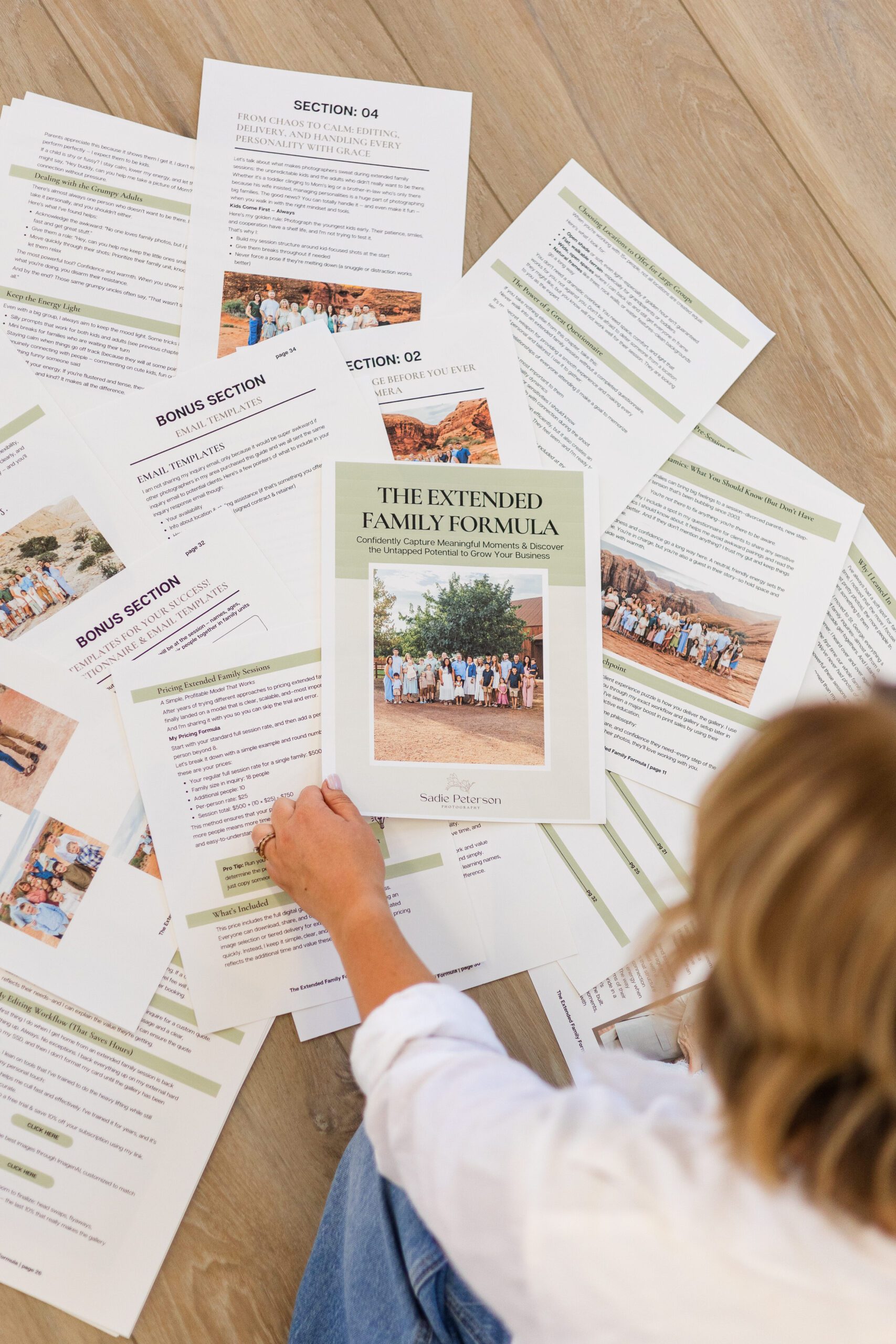 all the pages of the extended family formula guide laid out on the ground